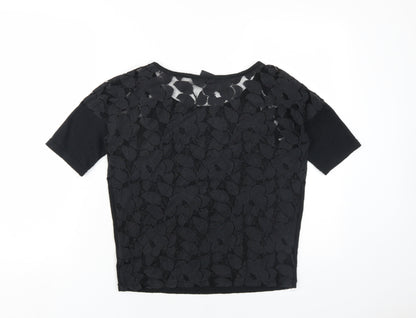 ICHI Womens Black Polyester Basic T-Shirt Size XS Round Neck