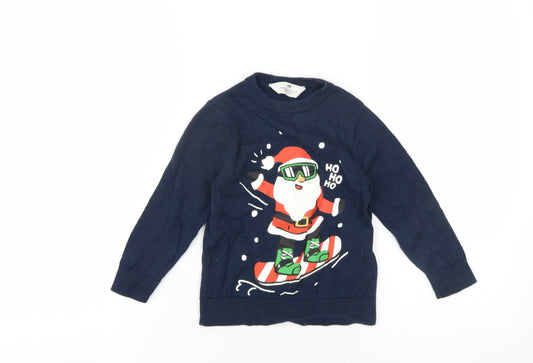 H&M Boys Blue Crew Neck Cotton Pullover Jumper Size 2-3 Years Pullover - Ho Ho Ho Santa