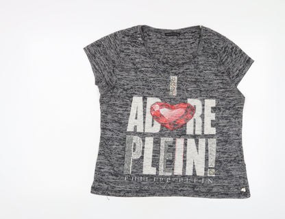 Phillip Plein Womens Grey Cotton Basic T-Shirt Size 2XL Crew Neck - Studded