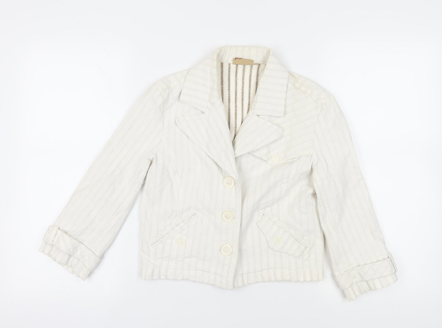 White Striped Jacket with Button Accents, Size 8