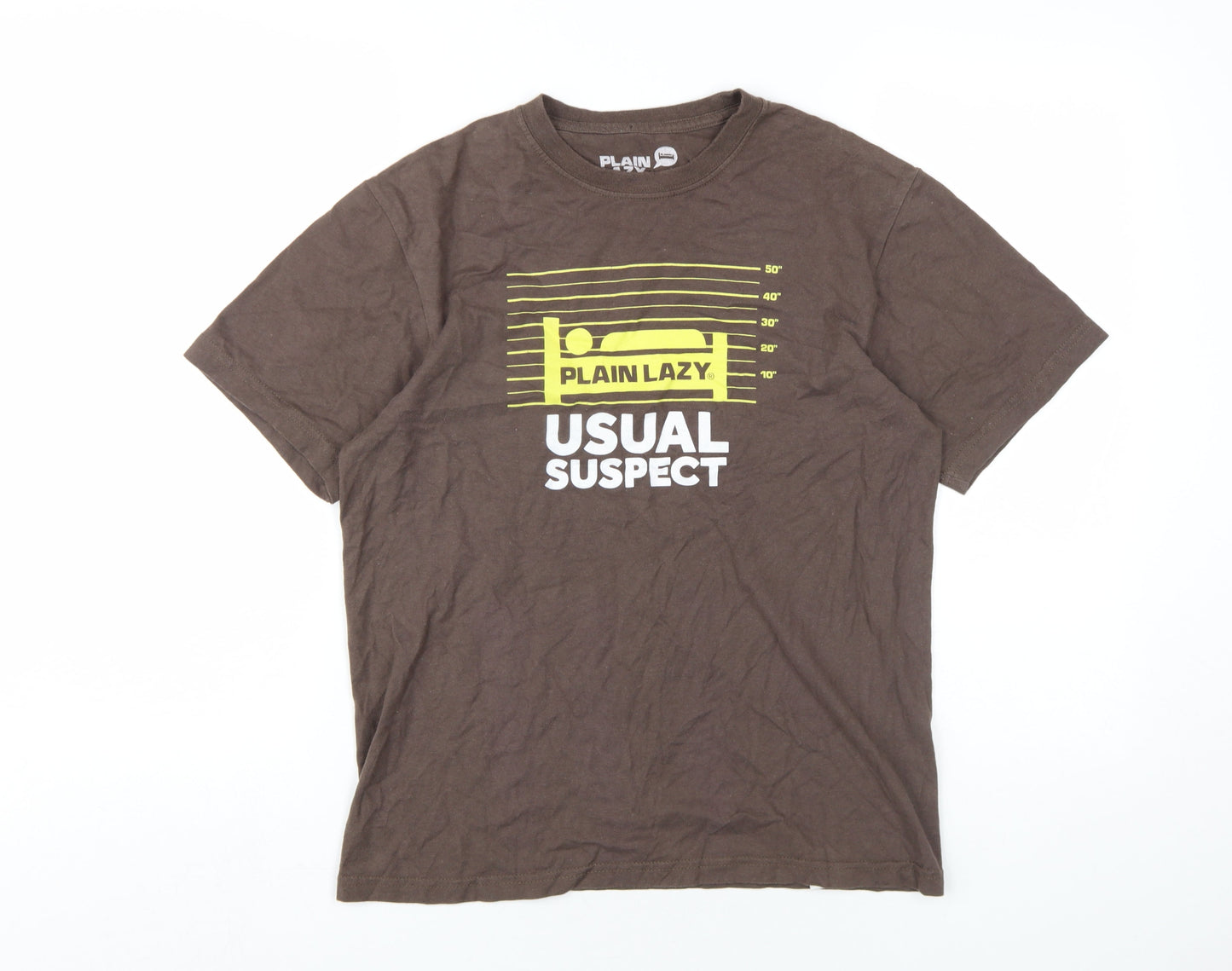 Plain Lazy Mens Brown Cotton T-Shirt Size S Round Neck