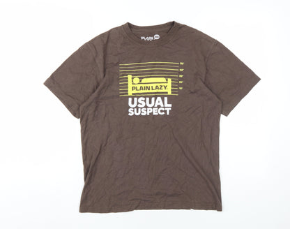 Plain Lazy Mens Brown Cotton T-Shirt Size S Round Neck