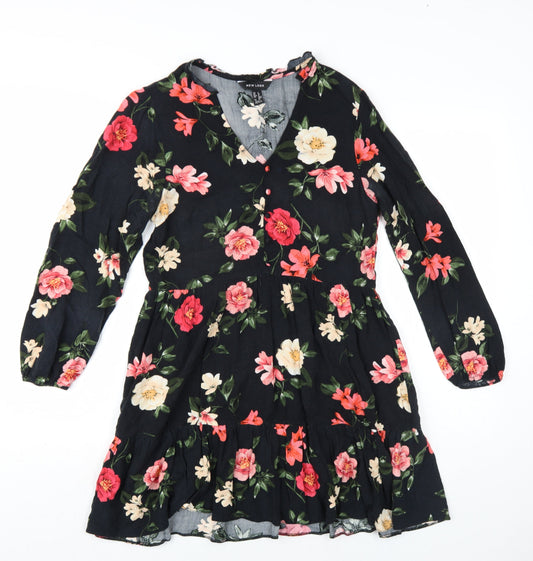 New Look Womens Black Floral Viscose A-Line Size 8 V-Neck Pullover