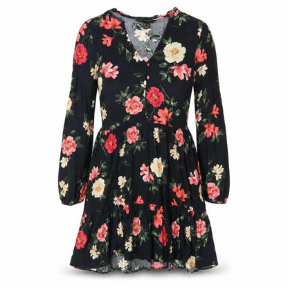 New Look Womens Black Floral Viscose A-Line Size 8 V-Neck Pullover