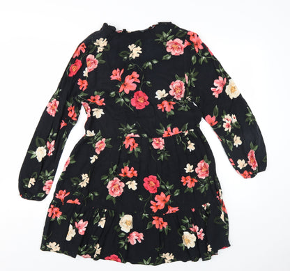 New Look Womens Black Floral Viscose A-Line Size 8 V-Neck Pullover