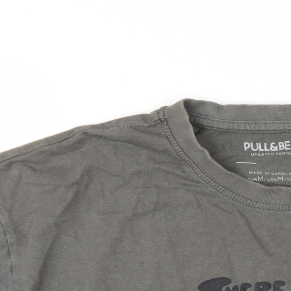 Pull&Bear Mens Grey Cotton T-Shirt Size M Round Neck