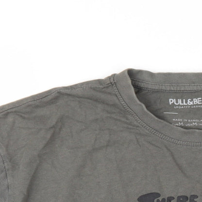 Pull&Bear Mens Grey Cotton T-Shirt Size M Round Neck