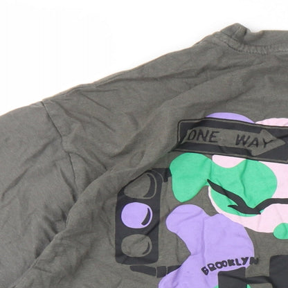 Pull&Bear Mens Grey Cotton T-Shirt Size M Round Neck