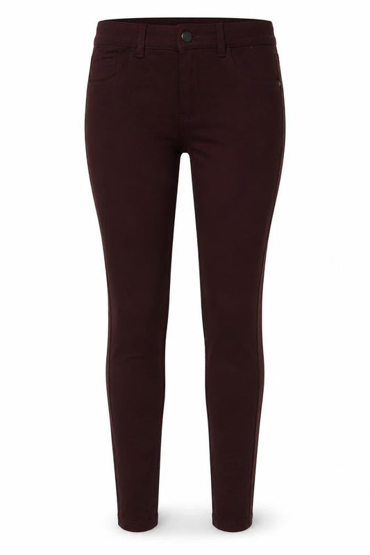 Front view of Denim & Co. women’s red cotton skinny jeans, size UK 8, 29-inch leg regular zip