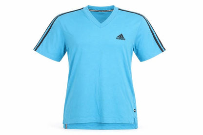 Front view of Adidas Blue V-Neck T-Shirt, Medium, Cotton Comfort