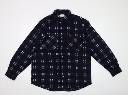 Argatta Mens Blue Plaid Polyester Button-Up Size L Collared Button