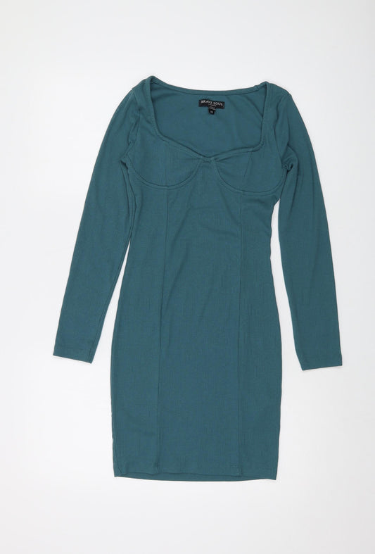 Brave Soul Womens Green Cotton Bodycon Size XS V-Neck Pullover