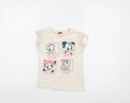 Disney Girls Ivory Cotton Basic T-Shirt Size 5-6 Years Crew Neck Pullover - Mickey Mouse