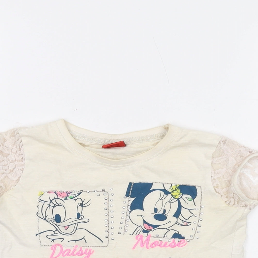 Disney Girls Ivory Cotton Basic T-Shirt Size 5-6 Years Crew Neck Pullover - Mickey Mouse