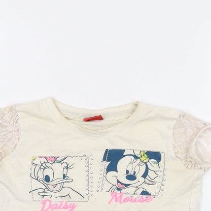 Disney Girls Ivory Cotton Basic T-Shirt Size 5-6 Years Crew Neck Pullover - Mickey Mouse