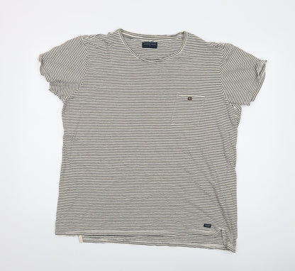 The Academy Brand Mens Beige Striped Cotton T-Shirt Size 2XL Round Neck