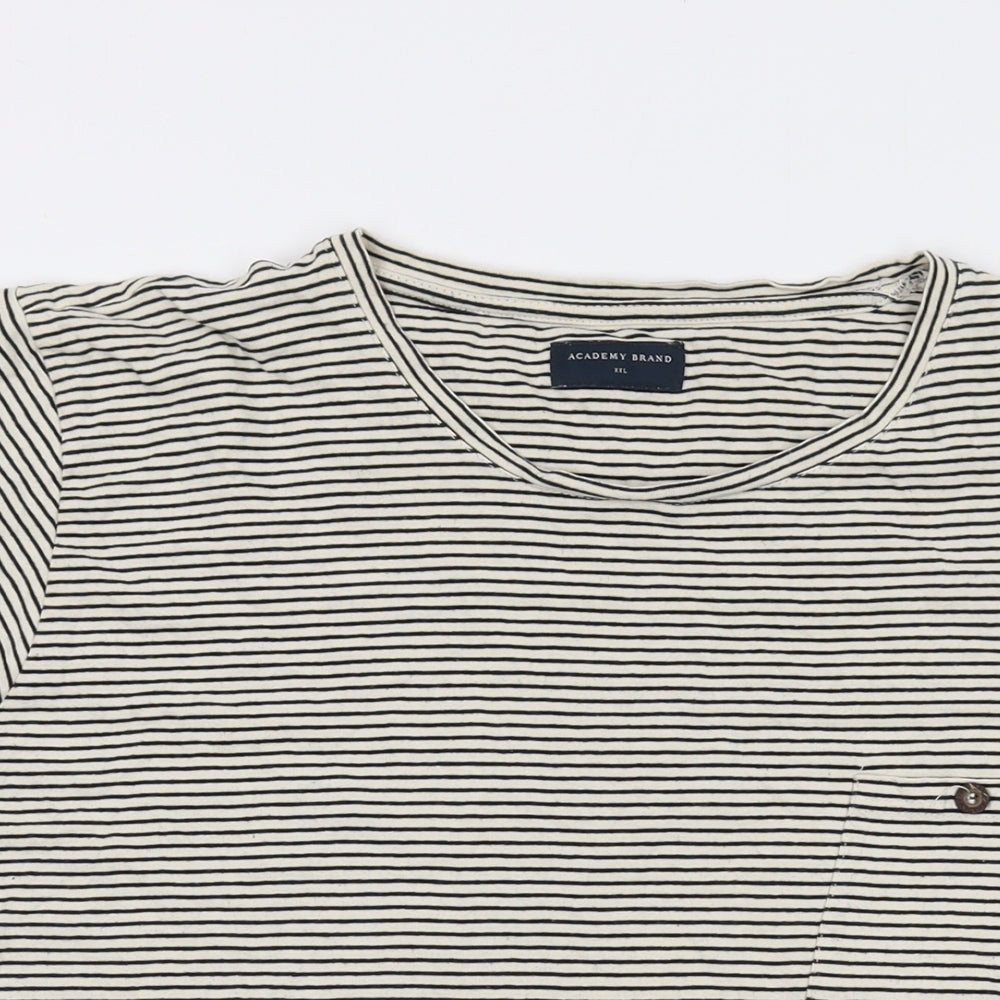 The Academy Brand Mens Beige Striped Cotton T-Shirt Size 2XL Round Neck