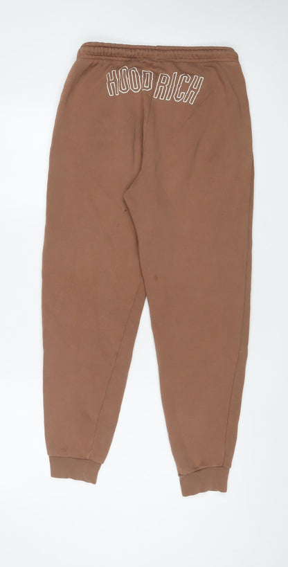 Hoodrich Womens Brown Cotton Jogger Trousers Size S L28 in Regular Drawstring - Logo, Embroidered