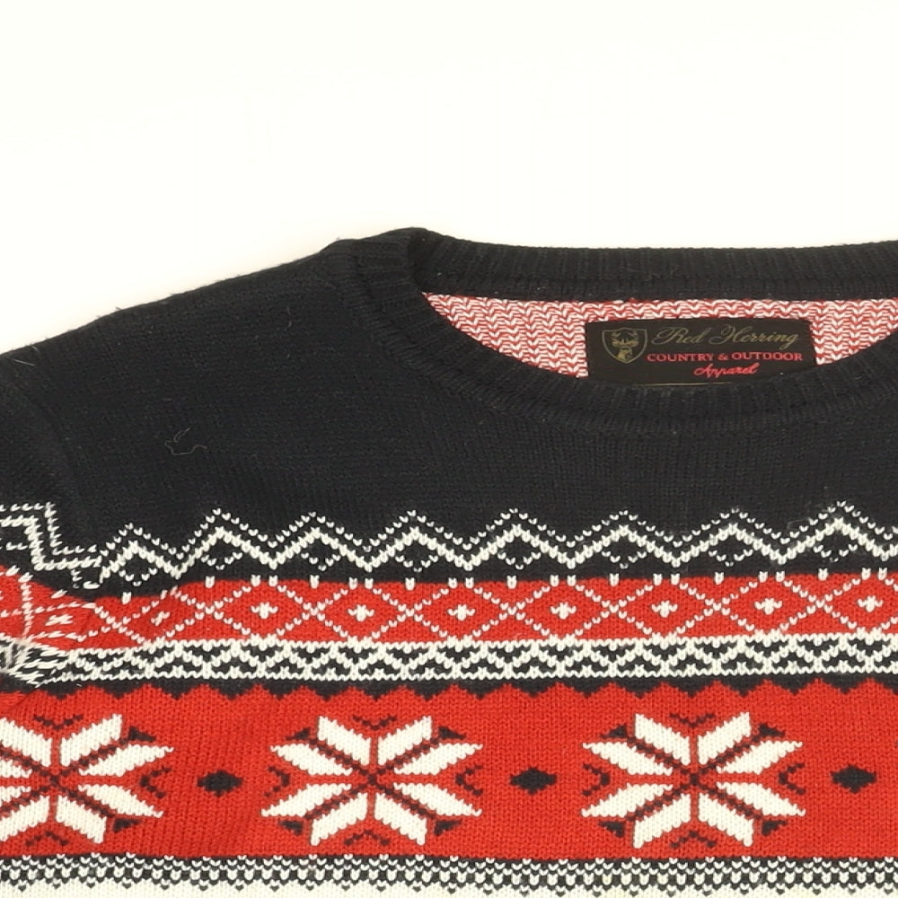 Red Herring Mens White Round Neck Geometric Acrylic Pullover Jumper Size M Long Sleeve