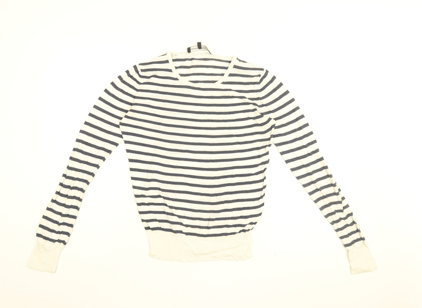 French Connection Womens White Striped Cotton Basic T-Shirt Size S Round Neck