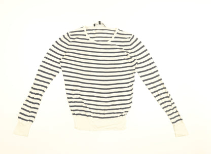 French Connection Womens White Striped Cotton Basic T-Shirt Size S Round Neck