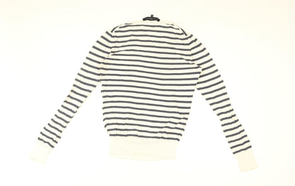 French Connection Womens White Striped Cotton Basic T-Shirt Size S Round Neck