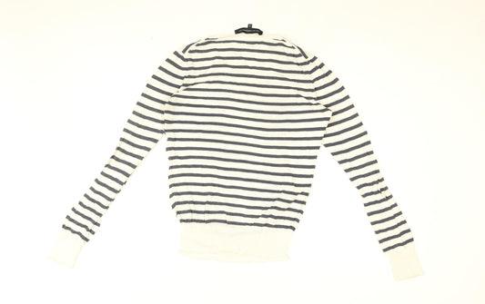 French Connection Womens White Striped Cotton Basic T-Shirt Size S Round Neck