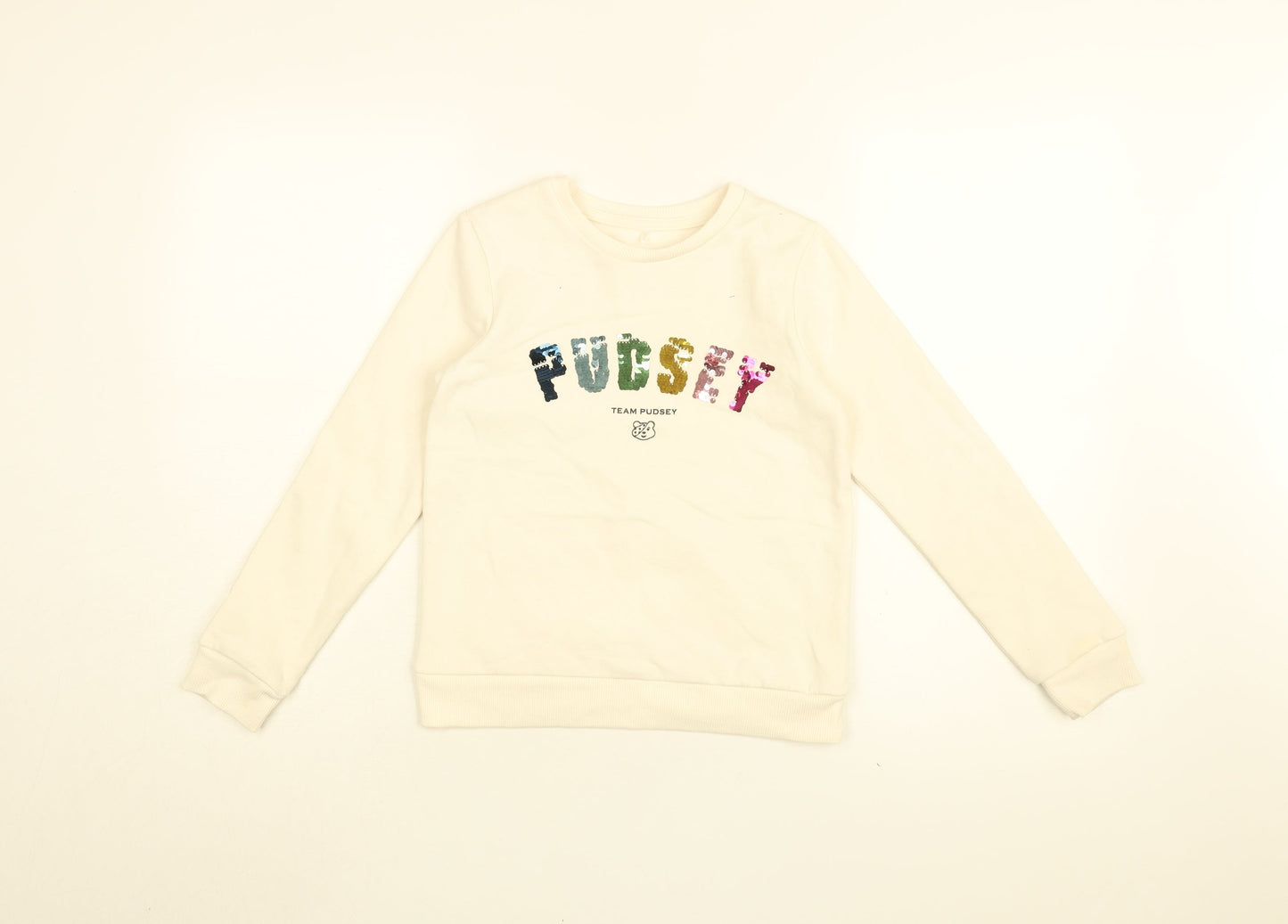 Pudsey Girls White Cotton Pullover Sweatshirt Size 8-9 Years Pullover - Team Pudsey, Sequins