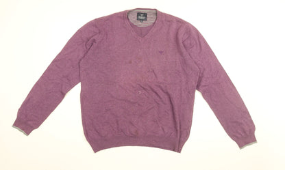 Morley Mens Purple V-Neck Cotton Pullover Jumper Size L Long Sleeve