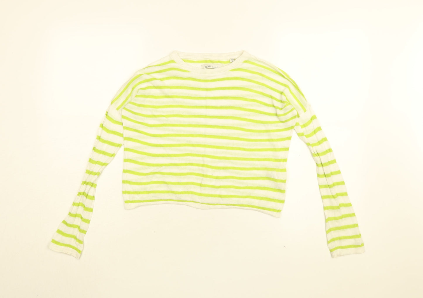 Emoi Womens White Striped Ramie Basic T-Shirt Size 10 Round Neck