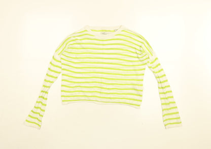 Emoi Womens White Striped Ramie Basic T-Shirt Size 10 Round Neck