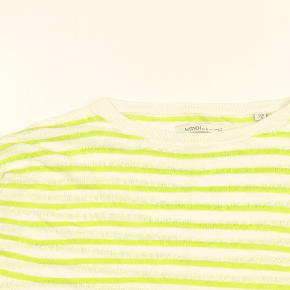 Emoi Womens White Striped Ramie Basic T-Shirt Size 10 Round Neck