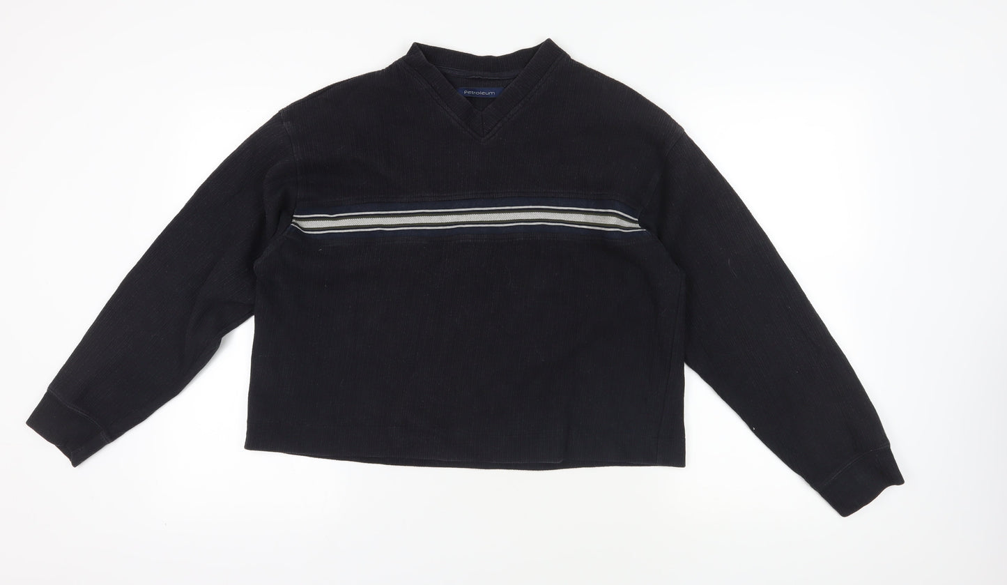 Petroleum Black V-Neck Striped Sweatshirt, Size L