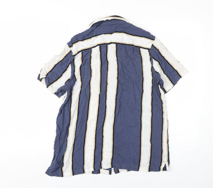 Topman Mens Blue Striped Viscose Button-Up Size M Collared Button