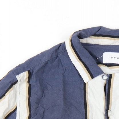Topman Mens Blue Striped Viscose Button-Up Size M Collared Button