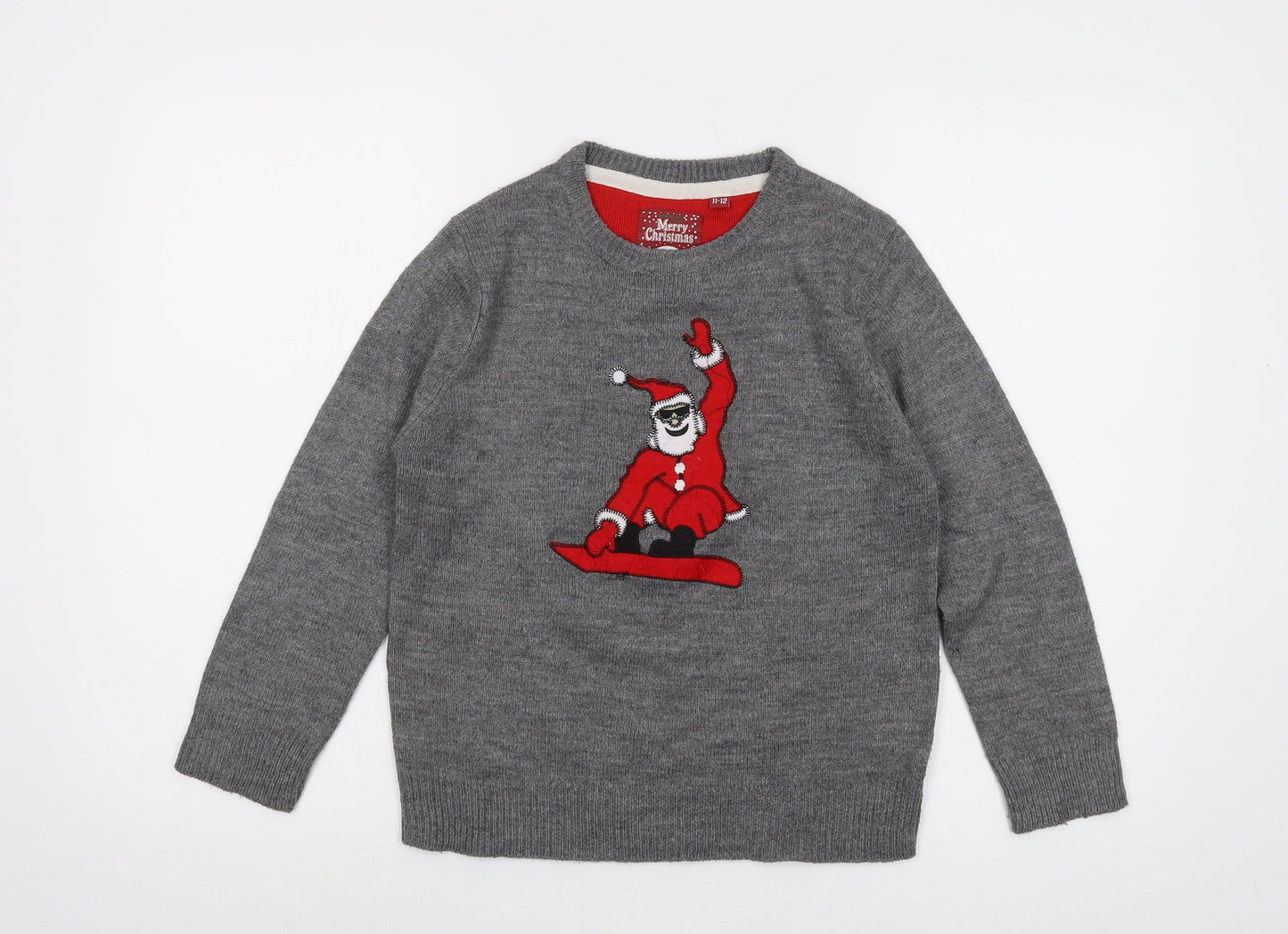 Brave Soul Boys Grey Crew Neck Acrylic Pullover Jumper Size 11-12 Years Pullover - Christmas