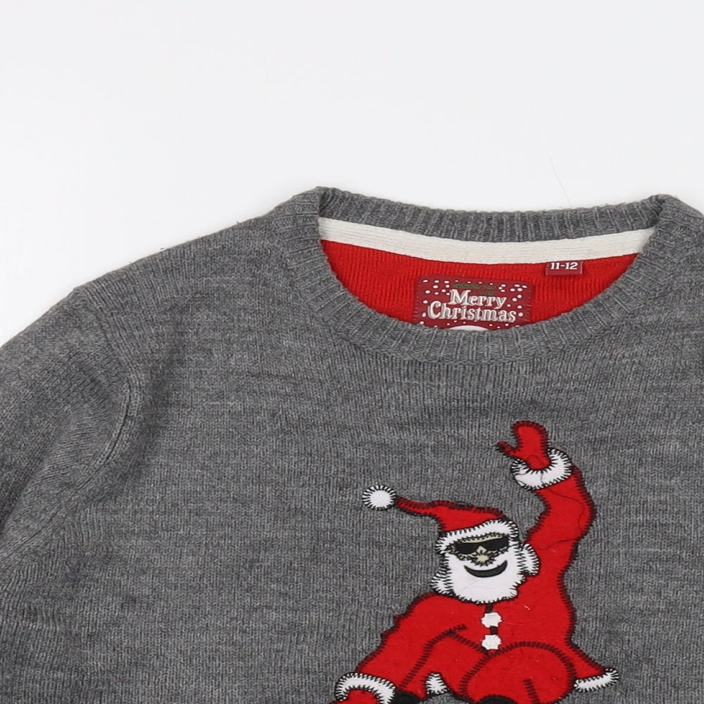 Brave Soul Boys Grey Crew Neck Acrylic Pullover Jumper Size 11-12 Years Pullover - Christmas