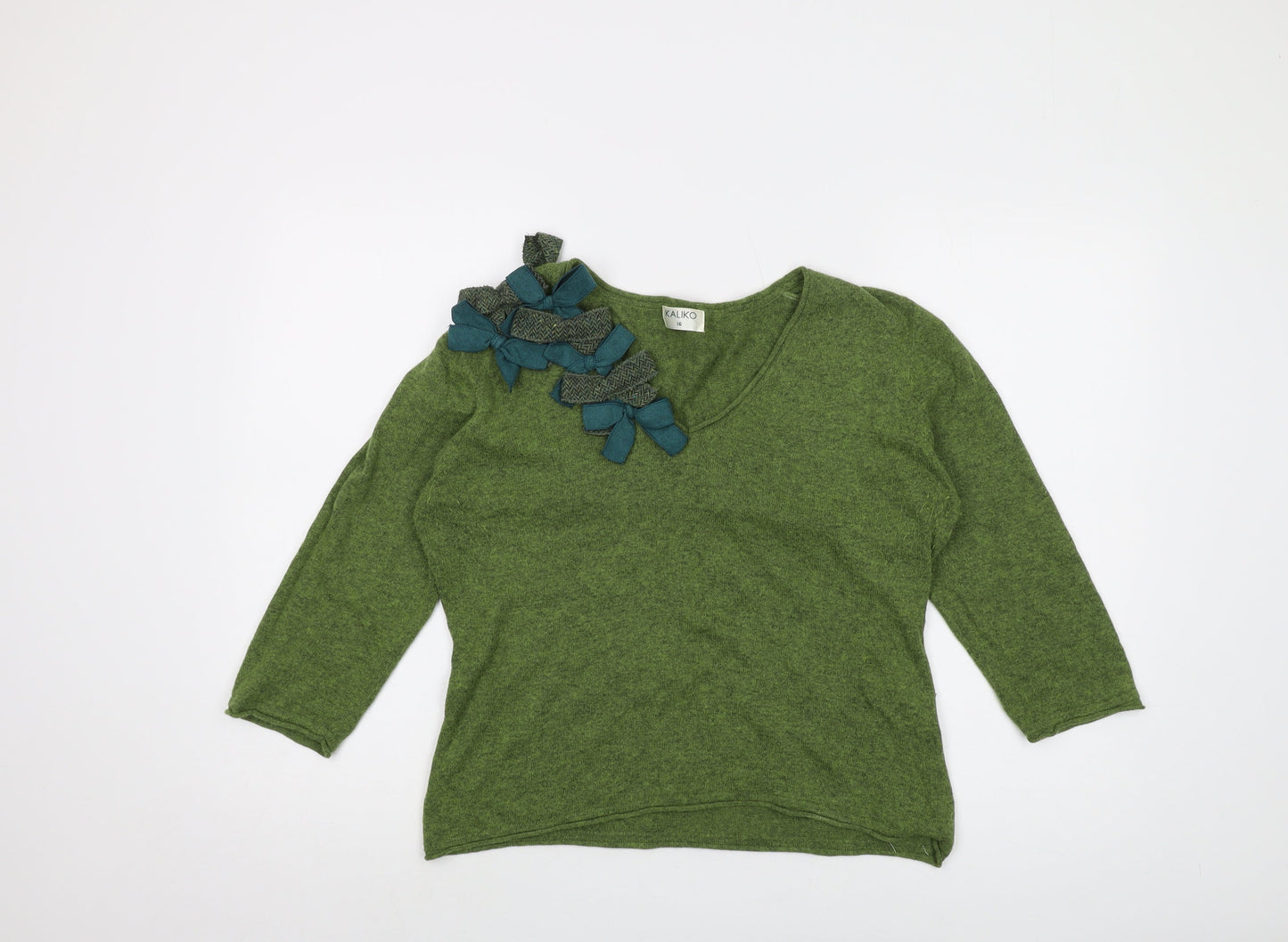 Kaliko Womens Green V-Neck Viscose Pullover Jumper Size 16