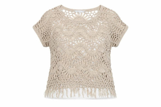 Front view of Red Herring women’s beige acrylic basic blouse, size UK 10, round neck
