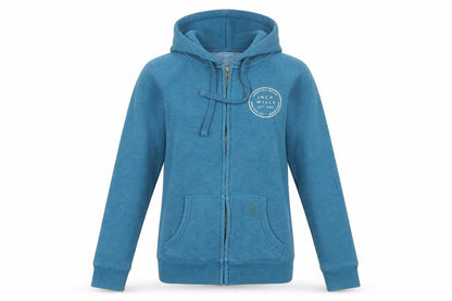 Front view of Jack Wills Blue Full Zip Hoodie, unisex, logo accent