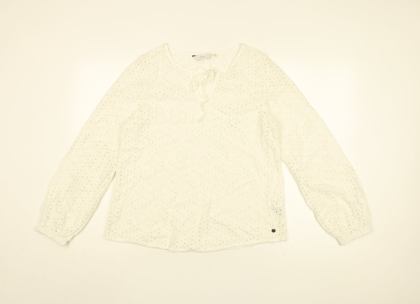 NUMPH Womens White Floral Cotton Basic Blouse Size 8 Round Neck