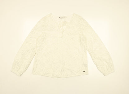 NUMPH Womens White Floral Cotton Basic Blouse Size 8 Round Neck