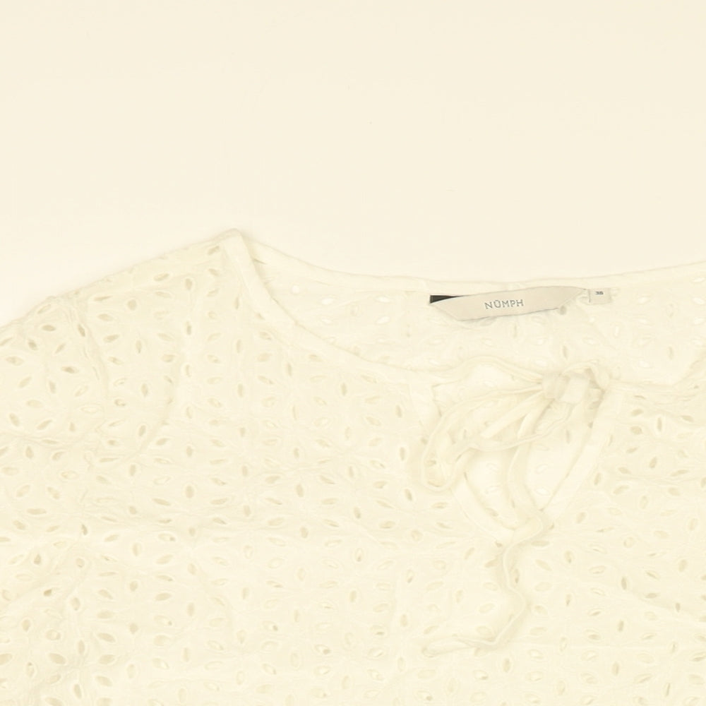 NUMPH Womens White Floral Cotton Basic Blouse Size 8 Round Neck