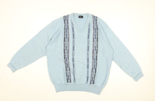 Gabicci Mens Blue V-Neck Geometric Wool Pullover Jumper Size L Long Sleeve