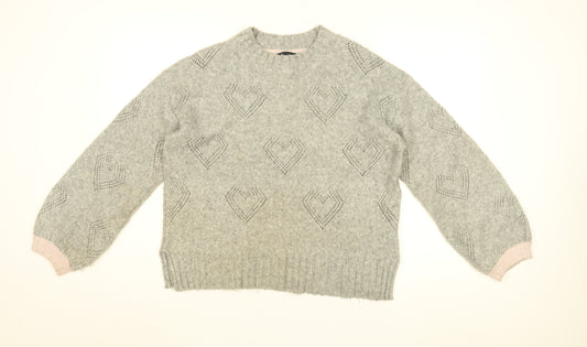Crew Clothing Company Womens Grey Round Neck Geometric Acrylic Pullover Jumper Size 14 - Heart Print