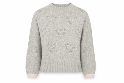 Front view of Crew Clothing women’s grey round neck geometric acrylic jumper, size UK 14, - heart print