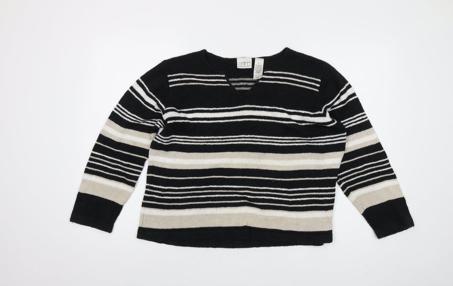 Villager Womens Black V-Neck Striped Ramie Pullover Jumper Size L