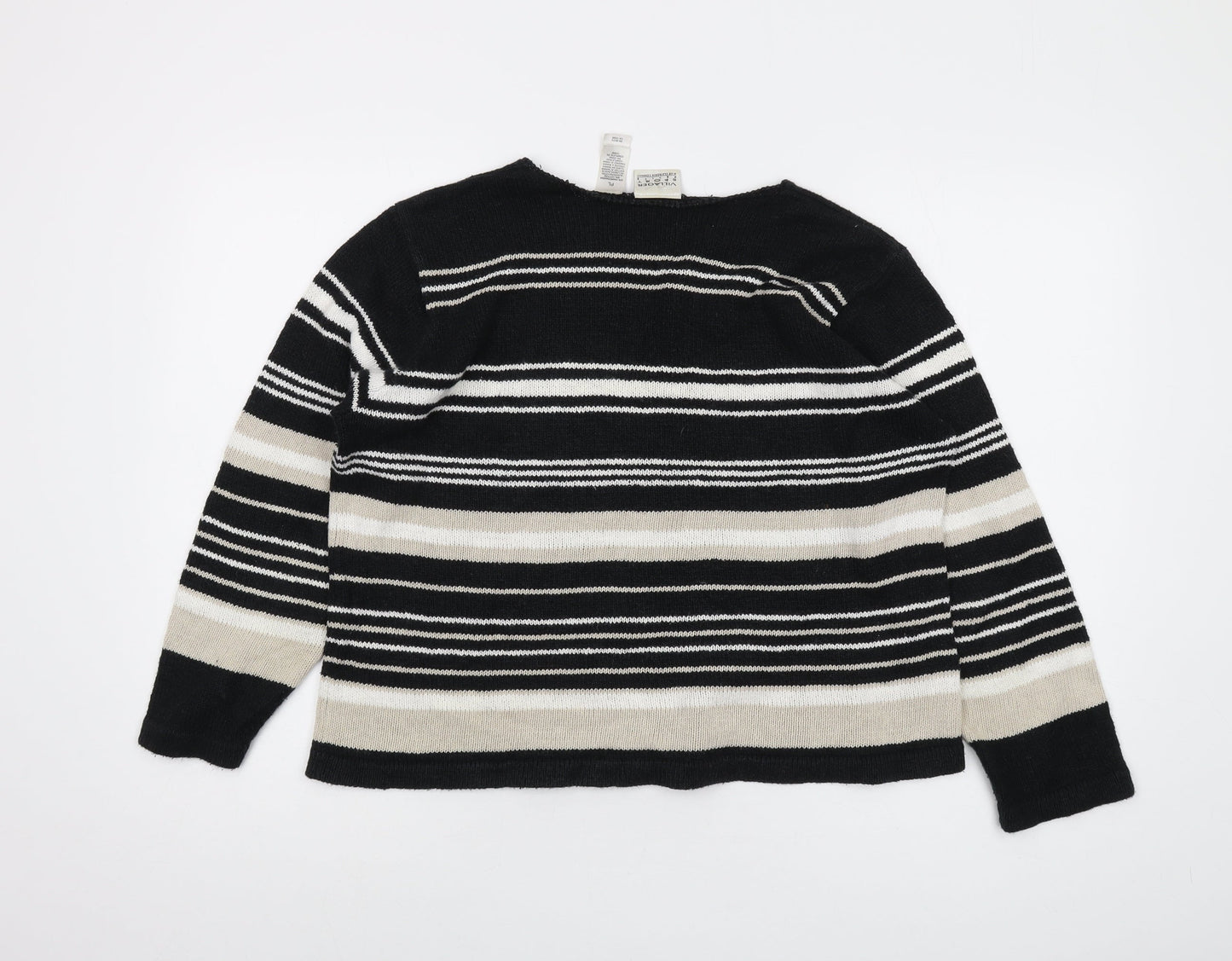 Villager Womens Black V-Neck Striped Ramie Pullover Jumper Size L