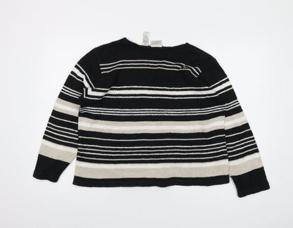 Villager Womens Black V-Neck Striped Ramie Pullover Jumper Size L