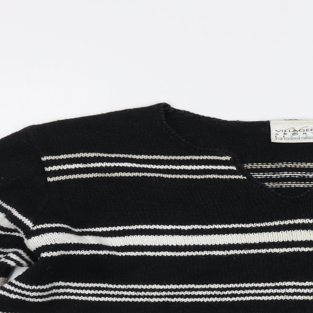 Villager Womens Black V-Neck Striped Ramie Pullover Jumper Size L